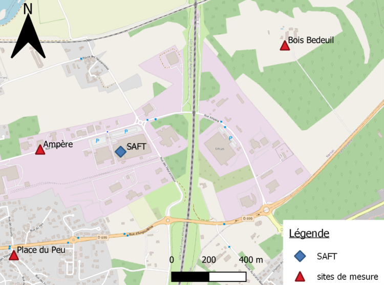 Carte d'implantation des sites de mesure autour de l'usine Saft de Nersac en 2023