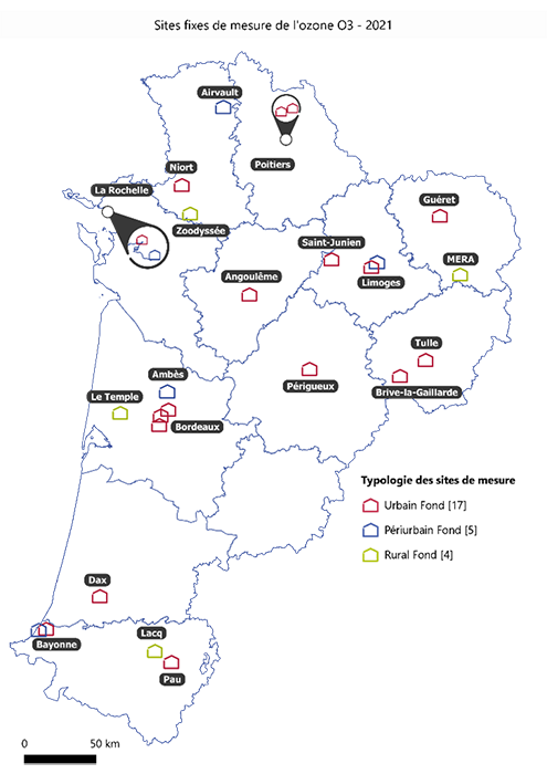 Carte des stations mesurant l'ozone en Nouvelle-Aquitaine