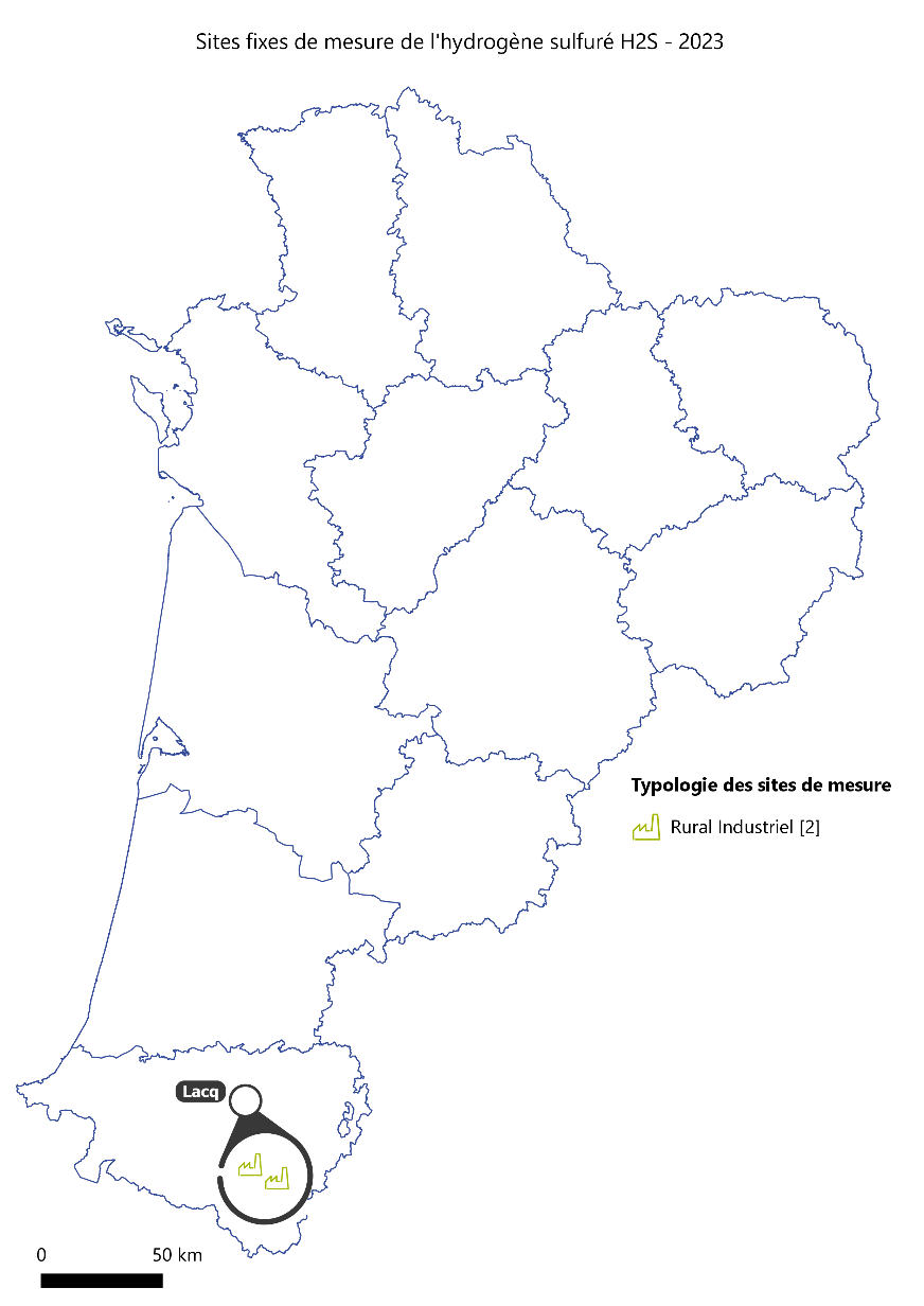 Sites fixes de mesure en Nouvelle-Aquitaine de l'hydrogène sulfuré - H2s - année 2023