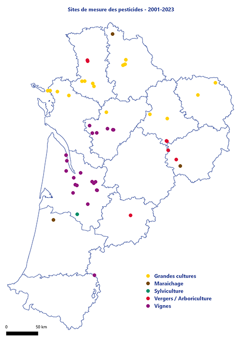 Sites de mesure des pesticides 2001-2023