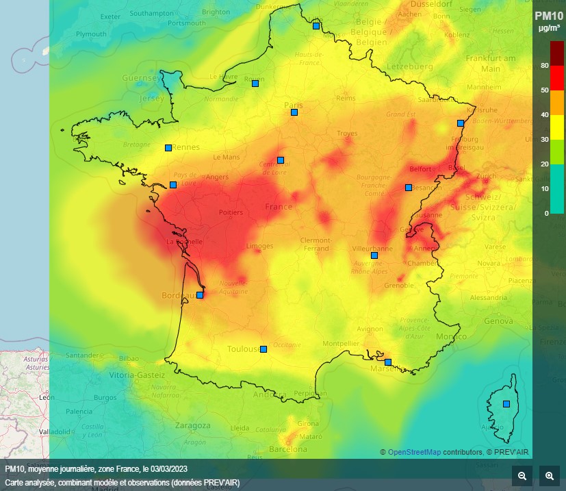 Carte de la pollution de l'air aux particules PM10 en France le 3 mars 2023 (source : PREV'AIR)