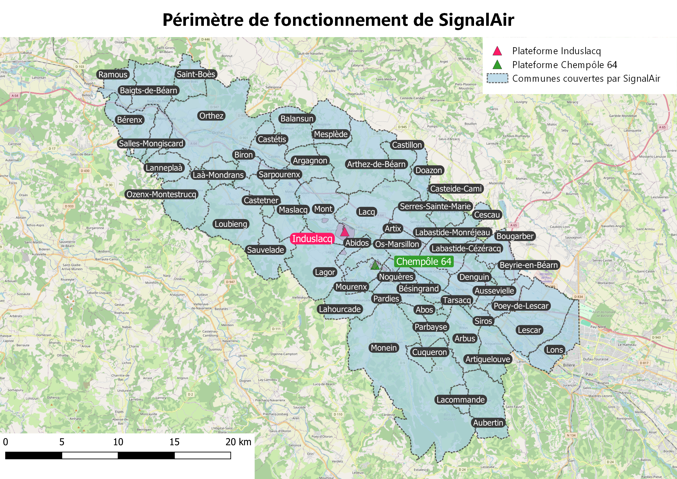 Carte des communes disposant de SignalAir sur le bassin de Lacq