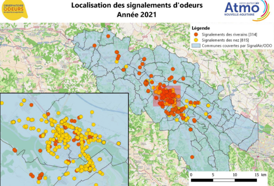 Localisation des signalements d’odeurs en 2021 - Bassin de Lacq