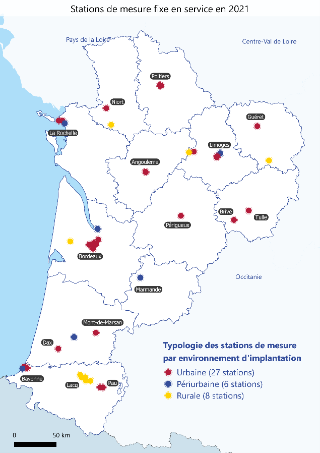 Carte des stations fixes de mesure de la qualité de l'air en Nouvelle-Aquitaine en 2021
