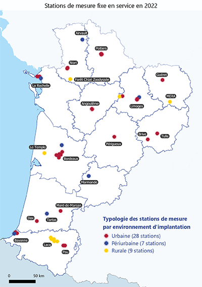 Carte des stations fixes de mesure de la qualité de l'air en Nouvelle-Aquitaine en 2022