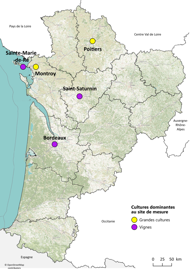 Sites de mesures des pesticides dans l'air en 2024 en Nouvelle-Aquitaine