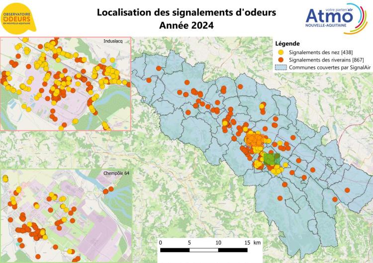 Répartition spatiale et temporelle des signalement d'odeurs sur le bassin de Lacq et 2024